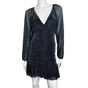 Skies Are Blue Runched Sheer Long Sleeve Black Teal Metallic Midi‎ Dress